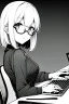 Placeholder: girl with glasses works on a computer in a cafe, line arts, greyscale