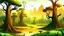 Placeholder: Cartoon illustration for children: Cenozoic misty swamp, millions of years ago, with towering prehistoric trees and a volcano