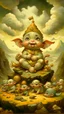 Placeholder: adorable baby Ganesha with big eyes in the pose of success, money piled up into a mountain, money flying around, oil painting