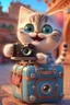 Placeholder: pixar style, cute cartoon tourist baby cat with photo machine, friendly, waving to the camera, cinematic lighting