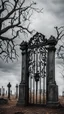 Placeholder: Creepy cemetery gate against a background of gray sky and dead trees