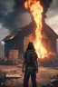 Placeholder: An ark survival character staring at their burning destroyed home