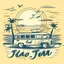 Placeholder: A retro camper van parked by the ocean, nostalgic, carefree, golden hour lighting, T-shirt design graphic, vector, contour, white background. WITH A FISH BEHIND IT AND WORDS\"Summer is a time to relax \"IN WHIT LET-TERS.THE BACK