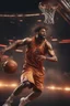 Placeholder: 8k, highly realistic and detailed image of a NBA basketball player in action dunking the ball in the net, sweaty hair, screaming look,action and smoke and flames background