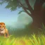 Placeholder: picture for children's book showing a cute lion behind tall grass in the jungle.