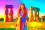 Placeholder: Full body shot of a tall slim red-headed young woman, dressed like a gipsy, standing in front of Stonehenge in a flaming circle