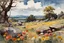 Placeholder: Sunny day, clouds, flowers, rocks, trees, distant mountains, spring, sci-fi, fantasy, winslow homer watercolor paintings