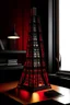 Placeholder: gaming table lamp inspired by burj khalifa tower buliding architecture futuristic-modern stlye. geometric form, red and black color scheme