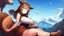 Placeholder: One Girl, mountain, sit , deer hoof foot, brown hair, (2: big breasts), deer face, deer tail,