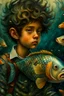 Placeholder: a painting of a young boy riding a fish, a storybook illustration by Esao Andrews, cgsociety, pop surrealism, storybook illustration, whimsical, detailed painting, ukiyo-e style