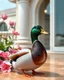 Placeholder: Generate image: Generate image: Generate image: A macro 3D render of a cute, lovely mallard with dark green neck ,entirely of translucent, glossy,colored jelly material. it is landing in terrasse of a luxury villa next to flowers ,subsurface scattering and gelatinous texture . High-quality CGI, octane render, 8k resolution, whimsical, adorable, clean composition., in the style of Portraits, in the style of Portraits, 4:3