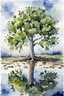 Placeholder: an appletree looks in a puddle on the ground in the morning after a storm, clouds on the sky, aquarell