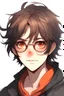 Placeholder: anime boy. grey eyes. long eyelashes. thick fluffy messy wave style hair. shoulders length hair. hair frames face. hair hides eyes partially. hair color is a dark brown orangish color, with orange tips. big rounded glasses that have a slightly rosy tint to them. Bandaid on nose. Stickers on cheeks.