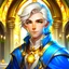 Placeholder: DnD Fantasy, A Handsome Child Wizard, Wearing Blue and Gold Wizard Robes, Tan Skin Tone, Golden Eyes, White Hair, 4K.