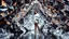 Placeholder: in a modern stage inside a cave made of metallic and crystal 3D recursive geometrical structures and jewels. A fashion model poses with modern fashion clothing, and silver heels.