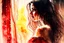 Placeholder: A beautiful brunette woman looks out from behind a red lace and silk curtain, holds the curtain with one hand and pulls it away in sunshine, watercolor and black ink outlines, sparkling golden glitter, ethereal, cinematic postprocessing, bokeh, dof