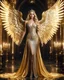 Placeholder: Photography realistic cinematic beauty color full body A Length image of very beautiful Super model Woman,blond long hair as an Beautiful Archangel with wings, dressing beauty design fashion luxurious queen gown golden and black color combination fully crystals diamonds stone,in luxury castle full of lamps Background