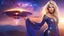 Placeholder: Full body portrait of a peaceful ((smiling)) gorgeous blonde Goddess of the galaxies with a blue indigo purple skin, high skul, luminous eyes, she is in a galactic sunset with a mothership in the sky behind.