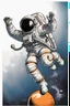 Placeholder: An astronaut is sitting wide legs on a ball, side view, nearly falling off, arms in the air,.looking frightened