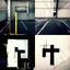 Placeholder: Minimal abstract oil paintings desolate 1960s carpark concrete fragments. Walls covered in grungy typography. style of Justin Mortimer and Francis Bacon. road markings.