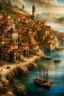 Placeholder: Water paint, landscape painting of a medieval coastal city, coastal. Medieval, Old timey