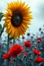 Placeholder: Sunflower surrounded with a lot of red poppies growing out of a zombie