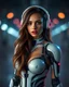 Placeholder: Beautiful woman super model brown long hair science fiction style humanoid half with full body cyborg mechanicals and cybernetics lights wearing headphones,she on standing sweet pose