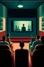 Placeholder: poster for movie night advertisment without text, where there is a cinema room with some people, make it not so bright and use calm colors