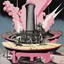 Placeholder: students hunched over desks on conveyor belt going into a blast furnace, style by Gerald Scarfe and Yves Tanguy, rock album cover, deep colors, surrealism, moody, dramatic, Pink_Floyd aesthetics