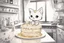 Placeholder: birthday cake, black and white chibi kitten in a beautiful kitchen, heart and love in the sunshine, watercolor and black ink outlines, sparkling golden glitter, ethereal, cinematic postprocessing, bokeh, dof