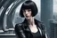 Placeholder: girl wearing black leather, shoulder-length bob, with fringe, in a science fiction building looking out over a large city