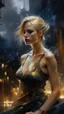 Placeholder: a beautiful woman with golden hair blending with thunder lightning in starry night sleeveless gown, rainy night,thunder lightning , art by Greg Rutkowski, WLOP Baptist Monge, Michael Garmash, Alberto Seveso and Russ Mills