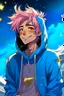Placeholder: An androgynous young man with tousled pink hair and golden eyes floating among the stars wearing a light blue hoodie and black board shorts. He is smiling softly and holding a star in one hand.