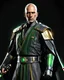 Placeholder: star wars bald male corellian jedi pilot wearing black and gunmetal grey old republic armored robes with gold trim inside the jedi temple holding a lightsaber with viridian green blade in left hand, centered head and shoulders portrait, hyperdetailed, dynamic lighting, hyperdetailed background, 8k resolution, volumetric lighting, light skin, fully symmetric details