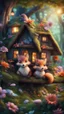 Placeholder: magazine cover with black border, adjust hue for evening, close up portrait of sleepy fox bug squirrel couple with weird worried cute huge eyes in a tree house in wonderful enchanted magical forest with amazing variety of flowers,bokeh like f/0.8, tilt-shift lens 8k, high detail, smooth render, down-light, unreal engine, prize winning