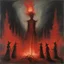 Placeholder: Midnight 18th century burning witches at the stake, dramatic, horror, by Jonathan Meese and Zdzislaw Beksinski, 2D loose stroke oil painting, scary crimson hues, impressionism