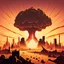 Placeholder: morning sunrise nuclear bomb explodes in vampire futuristic city with skyscrapers in the desert and clouds of dust form cartoon