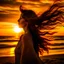 Placeholder: A very scantily clad young woman standing on the beach watching the sunset. The wind is playing with their hair.