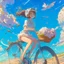 Placeholder: A girl is riding a bicycle on the beach. His cat is sitting in the front basket of the bicycle. Spring flowers can be seen everywhere. Beautiful blue sky with white clouds - kites in the sky. sense of peace. digital art, anime, 8k, full details, colorful, high resolution