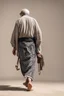 Placeholder: An old man wearing an Arabic keffiyeh, his back bent, walking barefoot, holding his cane upside down, looking back and holding his shoe in his hand.