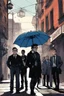 Placeholder: The Umbrella Academy by Gabriel Bá in the shadows of a street: Luther Hargreeves (Number One – Spaceboy) Diego Hargreeves (Number Two – The Kraken) Allison Hargreeves (Number Three – The Rumor) Klaus Hargreeves (Number Four – The Séance) Five Hargreeves (Number Five – The Boy) Ben Hargreeves (Number Six – The Horror) Vanya Hargreeves (Number Seven – The White Violin)