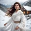 Placeholder: Hyper Realistic Photographic-View Of Young Beautiful Attractive Pashto Woman with Beautiful Eyes, & Lips Wearing-White-Dress With White-Embroidery-Along-with-white-shawl happily-whirling-&-Smiling in snowfall on an icy-mountain-top with a cottage-behind-her a cloudy day showing dramatic & cinematic ambiance.