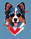 Placeholder: Vibrant, fun t-shirt design of a stylish Australian Shepherd dog with cool sunglasses and relaxed demeanor. The coat is a gradient mix of blue, red and white. The background is a fun red heart-shaped silhouette. The overall design is visually striking and would turn heads on a (((black t-shirt)))