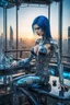 Placeholder: A beautyful transparent glass body biomechanical woman with black-blue hair, sitting in the cyberpunk rooftop bar in futuristic city, intricate details, HDR, beautifully shot, hyperrealistic, sharp focus, 64 megapixels, perfect composition, high contrast, cinematic