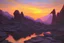 Placeholder: Beautiful epic sunset, logan's run 1976 movie influence, cosmic, people, rocks, river, flowers, very epic and philosophic, otto pippel impressionism paintings