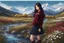 Placeholder: country side ,blue sky , snow on mountains, pretty clouds ,small rocky river with clear water small rocks in floor,wild flowers,beautiful Snow White, long shiny black curvy hair, wearing a burgundy sweater with the word TURK GIZI written on it, in gold, work clothes, standing, super realistic Fairy lights, intricate detail, texture, depth, vividness, movement, namex, energy, bioluminescence, stunning, epic, ultra-detailed, 8K photography by Miki Asai Macro, close-up, extremely detailed, pop