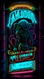 Placeholder: Little ambassador tattoo shop sign, banner, intergalactic, sci-fi, neon,retro, alien in hoodie, iron maiden style,