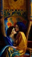 Placeholder: Masterpiece, fine art, award winning, "like Gustav Klimt : the Kiss in a chair" 2 w, RAW photo, eye candy in the style of (petra collins::Robin Eley:1.5), (Suhaila Ben Lachhab::Heidi Moussa:1.5) in breathtaking cinematic shot (full body shot, from below angle) that emphasizes the stunning cheek bones, texturized black hair,(big detailed eyes:1.5) (cottagecore aesthetic:5) with extreme sensuality, Irresistible with (porcelain skin:4.8), sitting on an old chair, retro vintage style