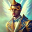 Placeholder: water color and spray painting fantasy art, portrait angel muscleman, dark hair,top hat, wearing golden glasses,bag of tricks, standing in portal to wet forest world from city world,poetry book illustration