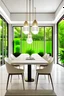 Placeholder: modern dining room, with large window, garden in the background with plants, l modern chairs and marble table with modern rectangular lamp